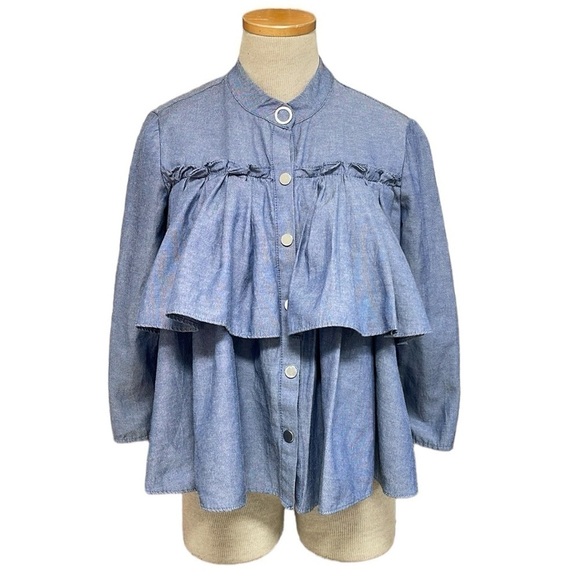 Zara Blouse Women's Medium Blue Chambray Long Sleeve Snap Button Front - Picture 1 of 15